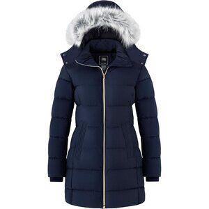 Women's Removable Hood Winter Warm Navy Quilted Puffer Jacket Coat Length